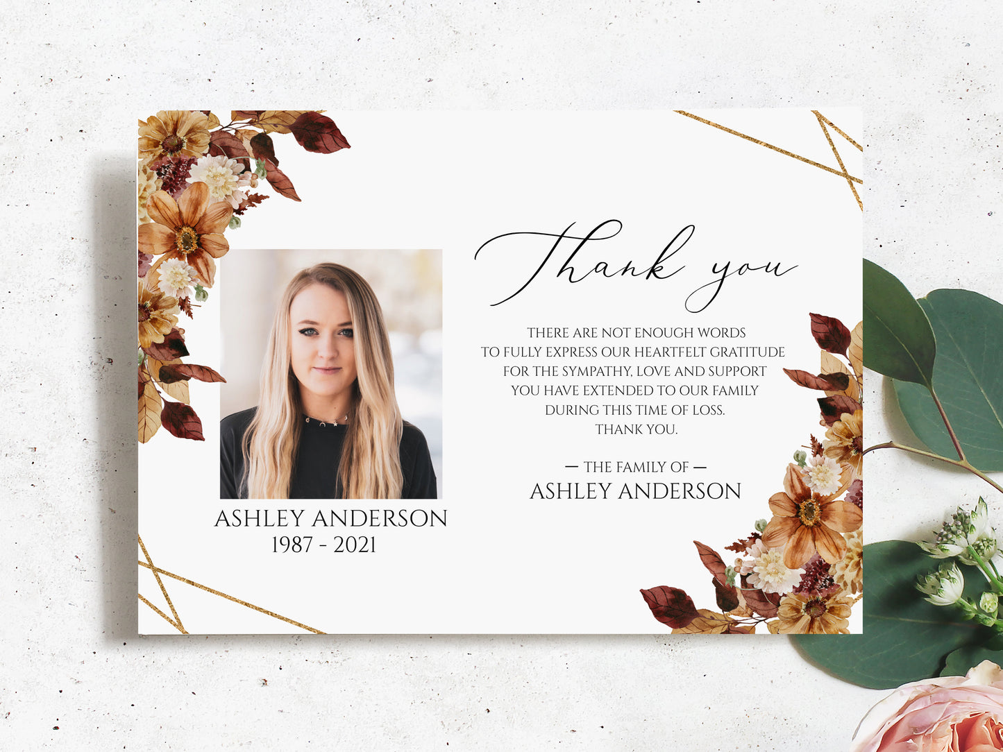 Celebration of life Orange Brown Dried Leaves Fall Funeral Photo Thank You Card Template, Printable Memorial Thank You Card, Autumn Memorial Sympathy Cards