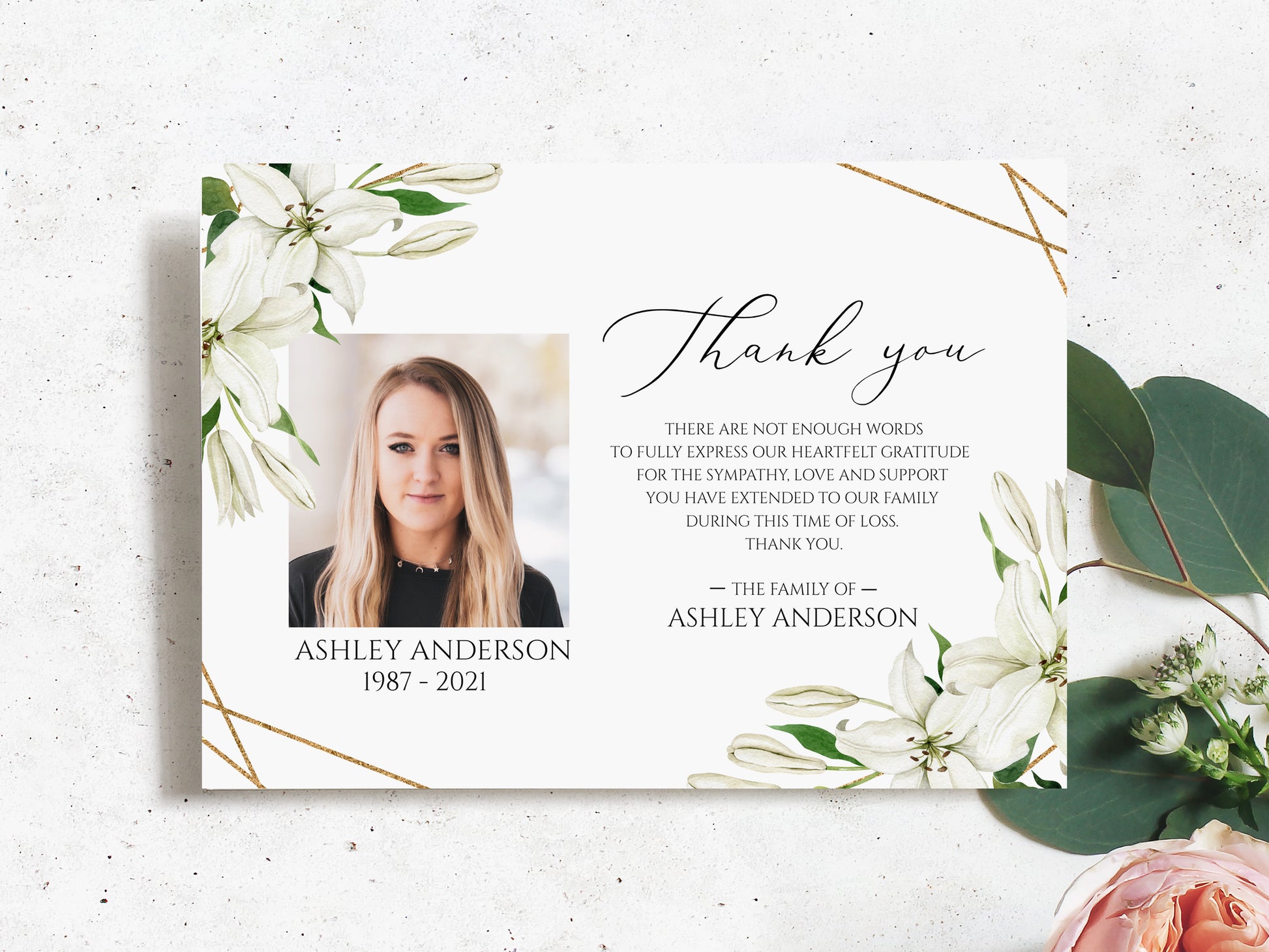 Celebration of life White Lilies Greenery Gold Photo Funeral Thank you Card Template, Printable White Lilies Memorial Thank You Card Template Editable Sympathy Card