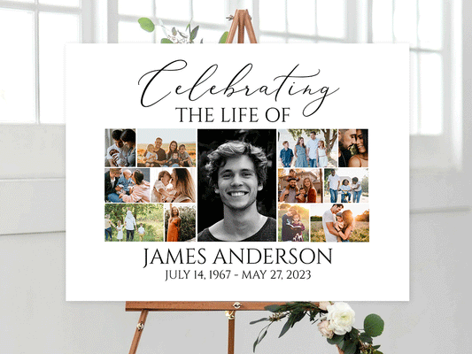 Celebration Of Life Multiple Photos Funeral Welcome Sign, Editable Simple Photo Collage Funeral Poster, Photo Collage Memorial Service Sign S1