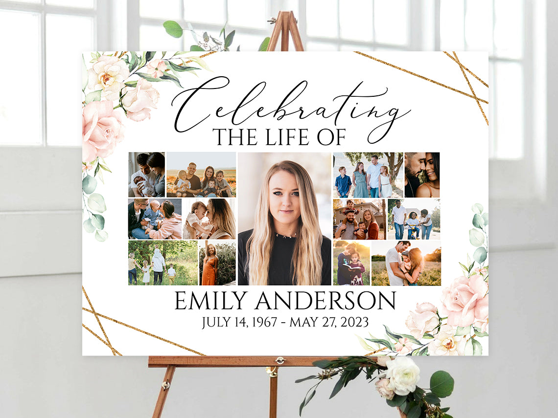 Celebration Of Life Multiple Photos Funeral Welcome Sign Blush Pink Photo Collage Funeral Poster Pink Roses Collage Memorial Service Sign P4