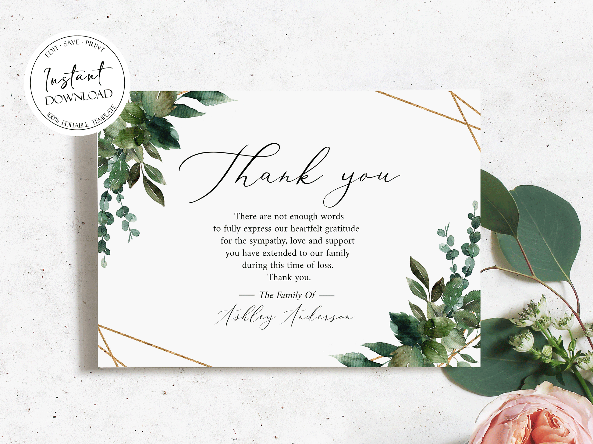 Celebration of life Watercolor Greenery Gold Funeral Thank You Card Template, Memorial Card, Printable Thank You Card Template, Editable Sympathy Card Q1