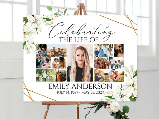 Celebration Of Life White Lilies Greenery Gold Photo Collage Funeral Welcome Sign Template WL1