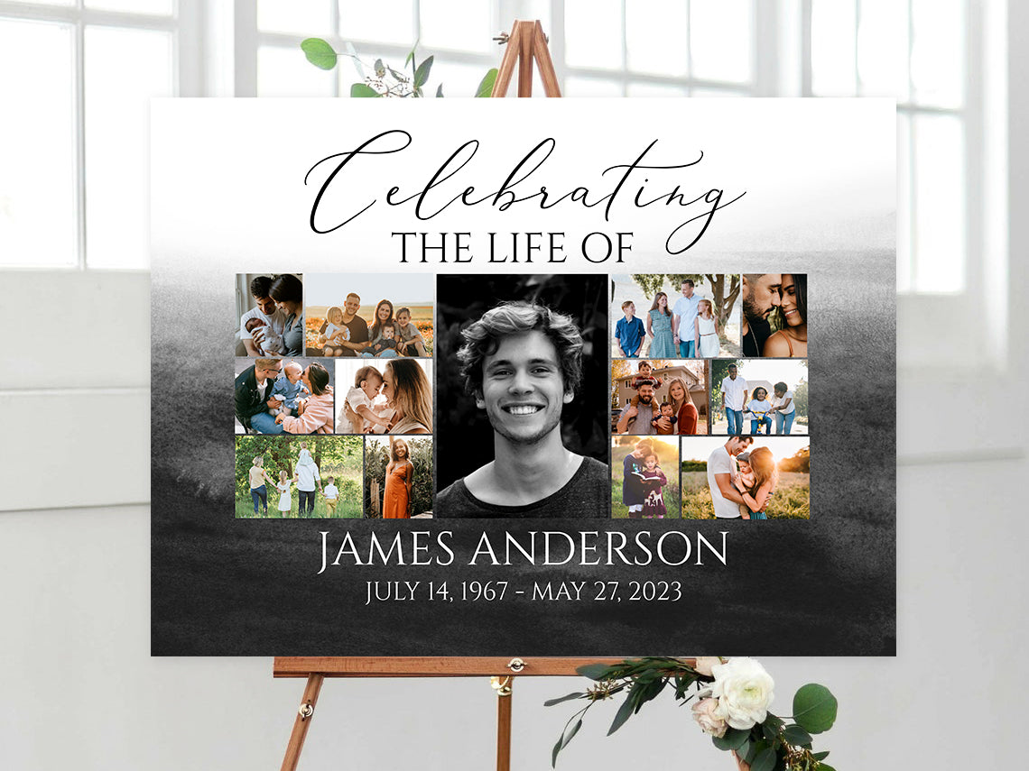 Celebration Of Life Black Watercolor Photo Collage Funeral Welcome Sign Template, Black  Watercolor Collage Funeral Poster, Photo Collage Memorial Service Sign B6