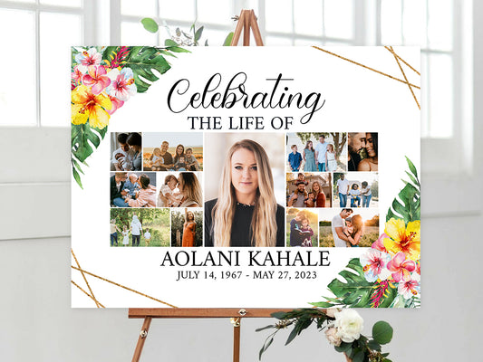 Celebration Of Life Tropical Hawaiian Plumeria Photo Collage Funeral Welcome Sign Template H1