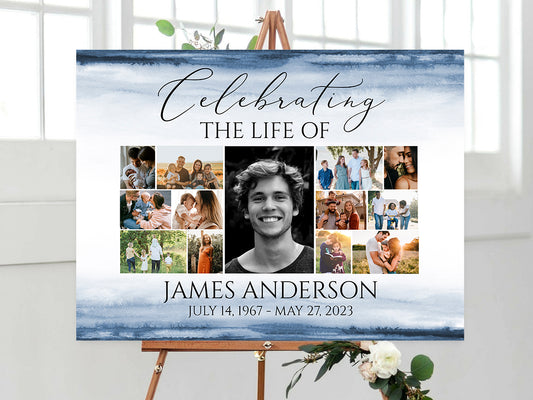 Celebration Of Life Multiple Photos Funeral Welcome Sign, Blue Watercolor Collage Funeral Poster, Ocean Photo Collage Memorial Service Sign B4