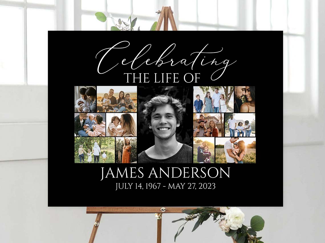 Celebration Of Life Minimalist Elegant Black Photo Collage Funeral Welcome Sign, Editable Minimalist Elegant Black Photo Collage Funeral Poster, Photo Collage Memorial Service Sign