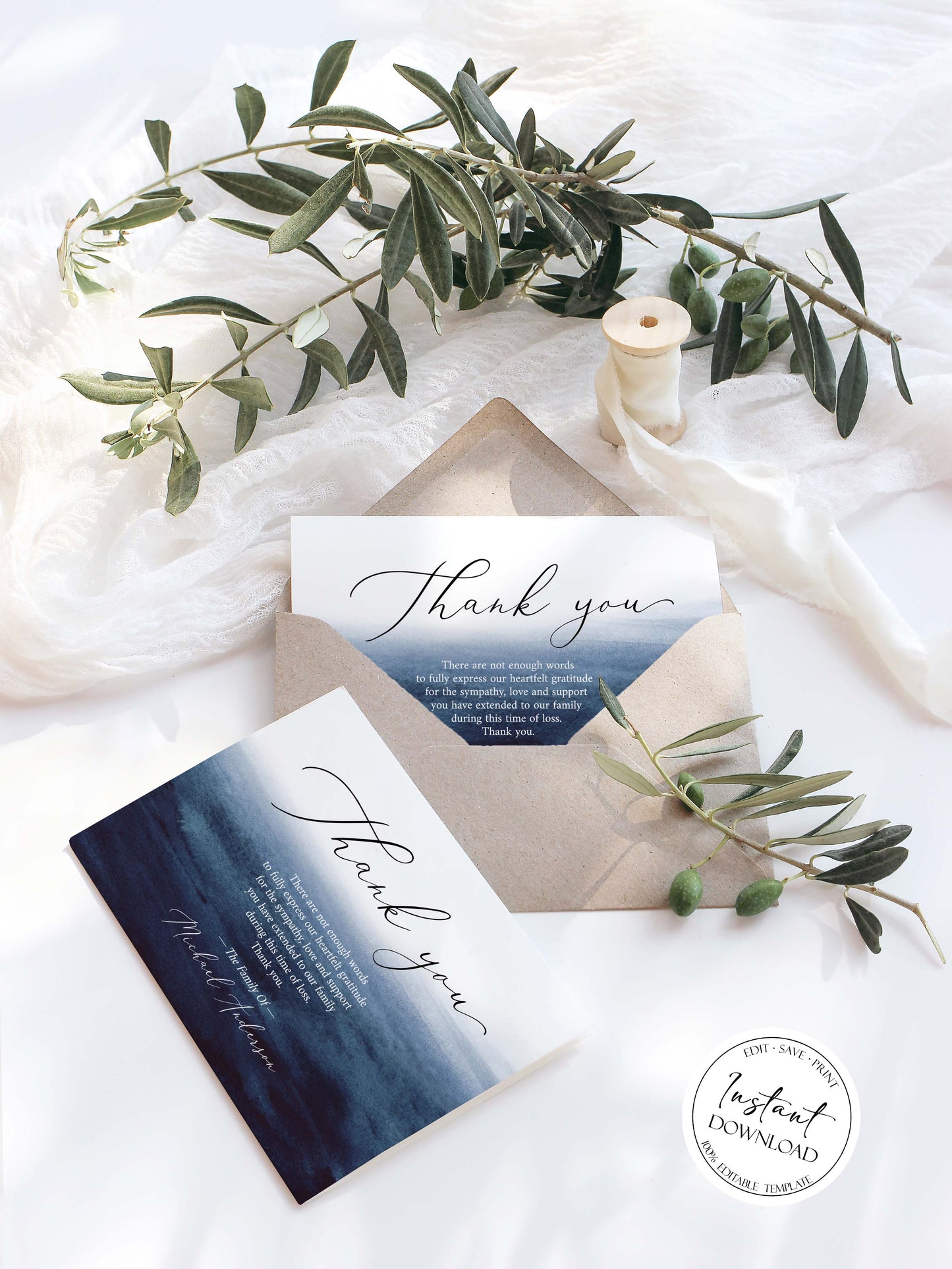 Celebration of life Blue Watercolor Ocean Funeral Thank You Card Template B5