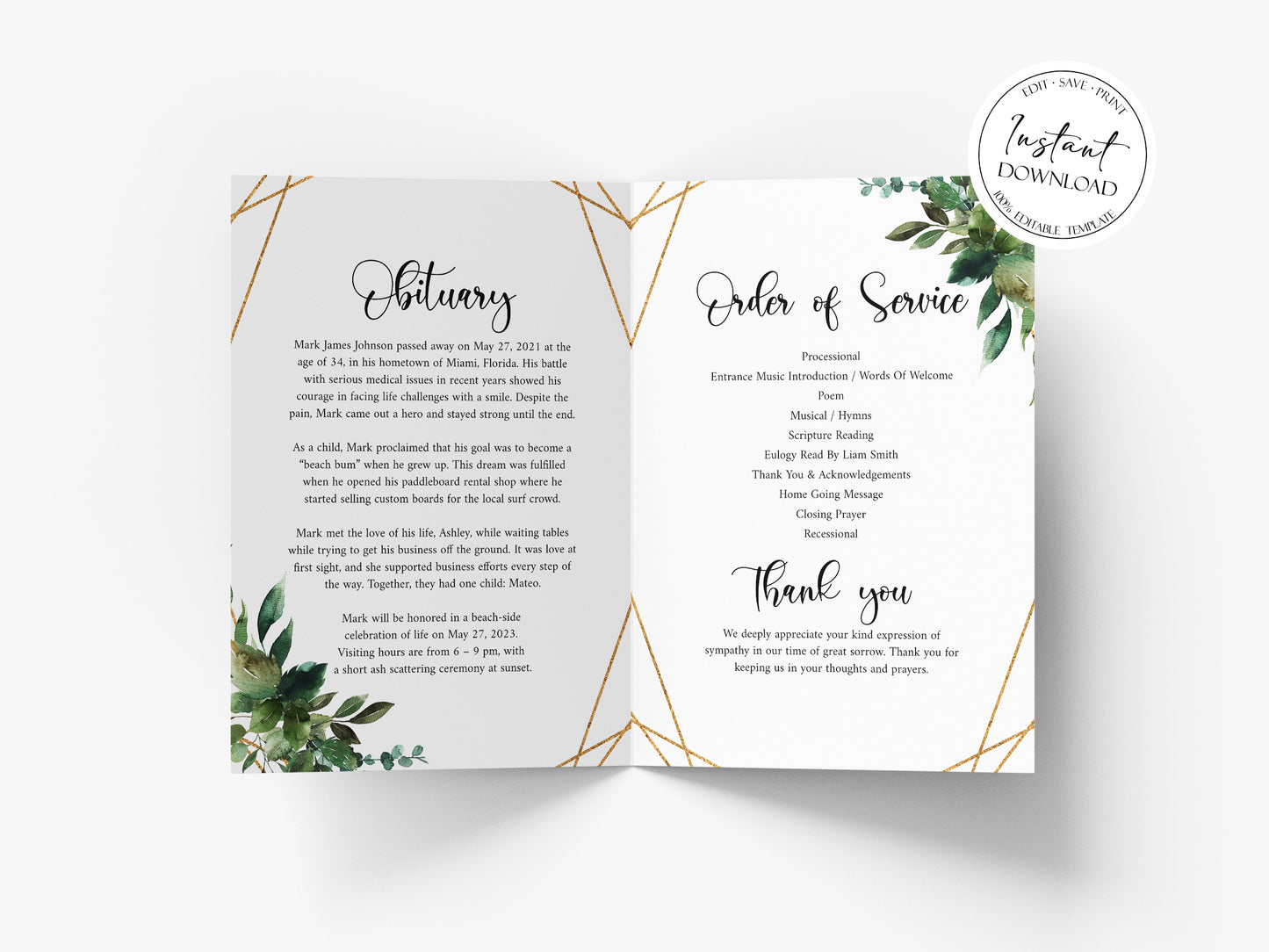 11x17 Celebration of life Watercolor Greenery Gold Funeral Program Template Q1