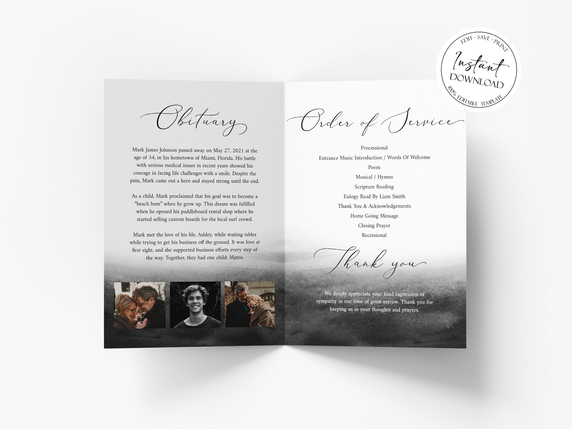 11x17 Celebration of Life Black Watercolor Funeral Program Template, Black Watercolor Memorial Program Funeral Brochure Obituary Program