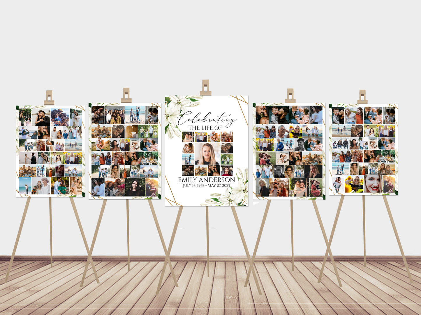 Celebration Of Life White Lilies Greenery Gold Photo Collage Funeral Welcome Sign Template, White Lilies Photo Collage Funeral Sign, White Lilies Memorial Sign