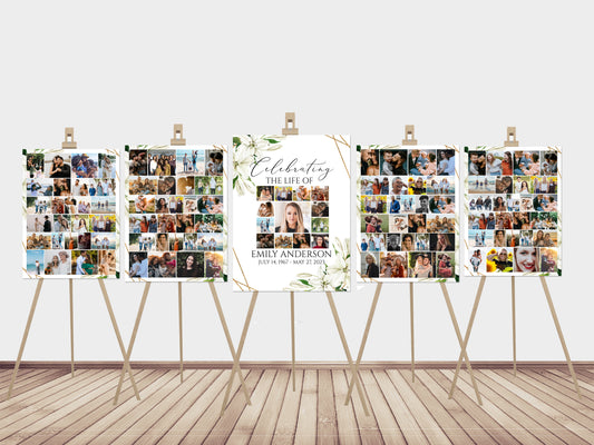 Celebration Of Life White Lilies Greenery Gold Photo Collage Funeral Welcome Sign Template, White Lilies Photo Collage Funeral Sign, White Lilies Memorial Sign