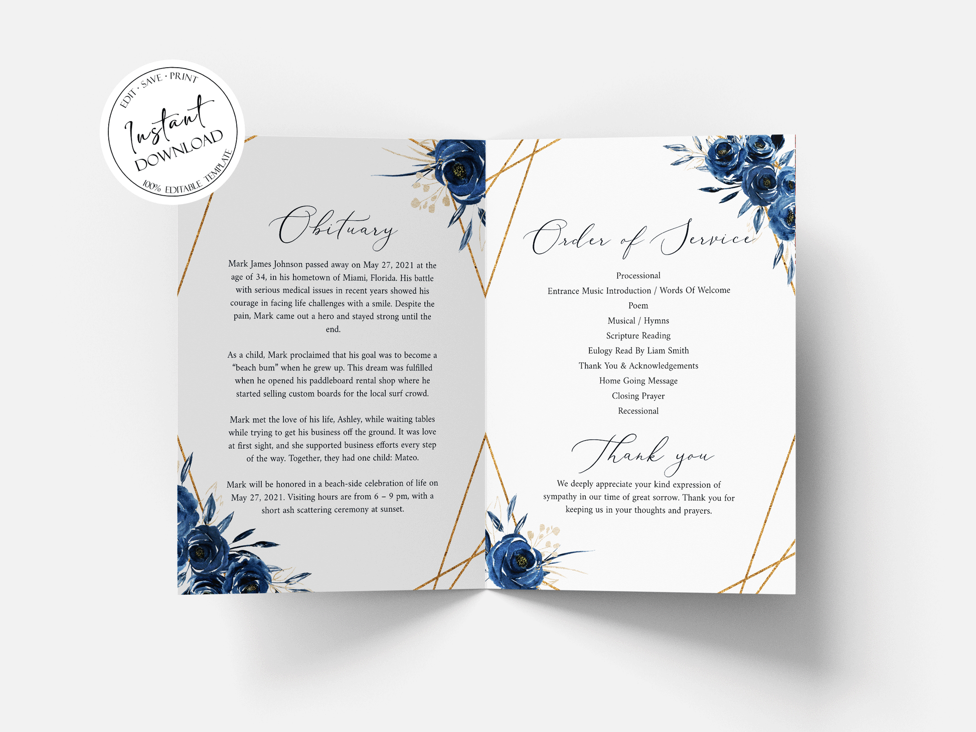 11x17 Celebration Of Life Royal Blue Flowers Gold Funeral Program Temp –  PeacefulMemoryDesign