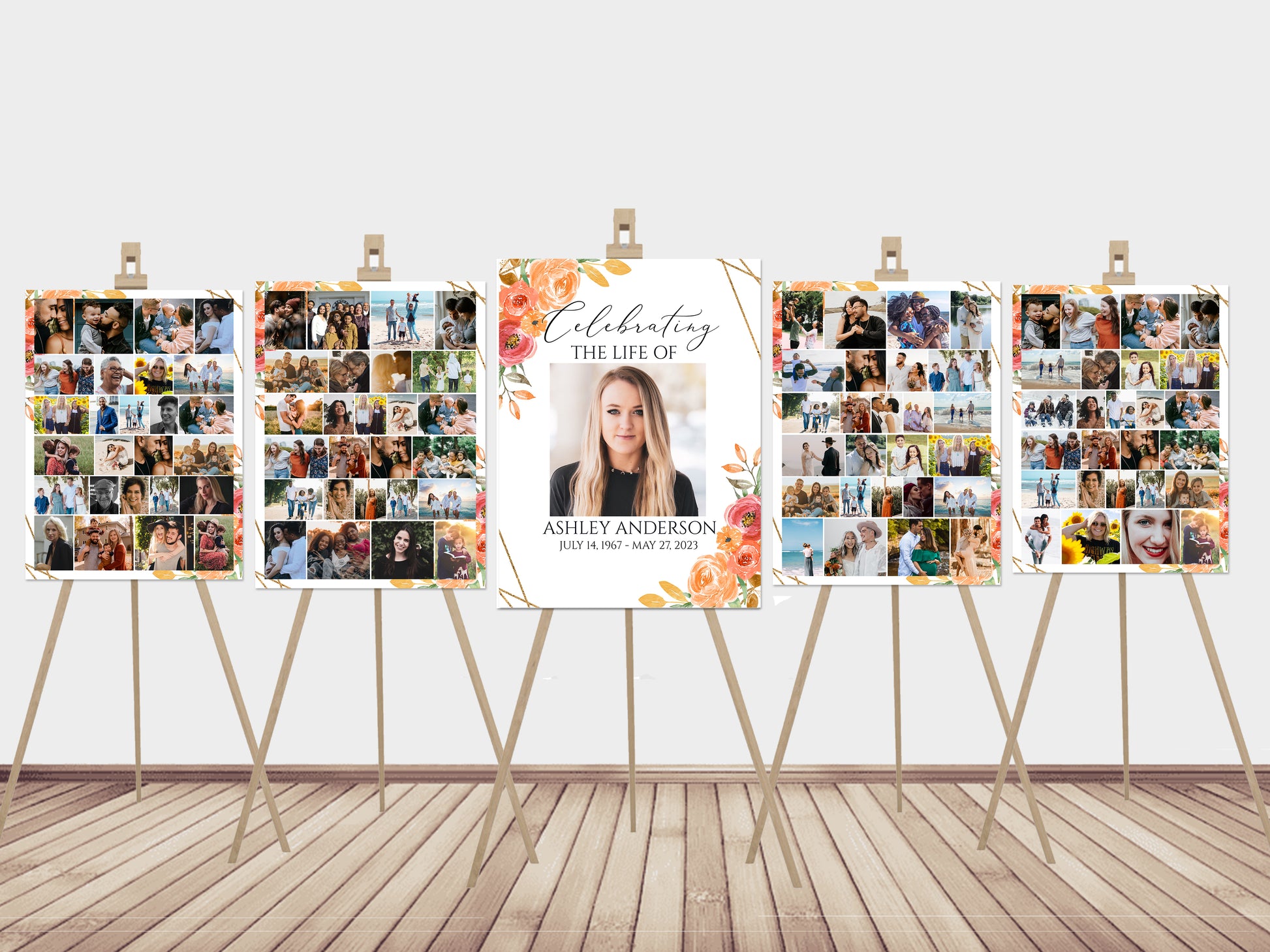 Celebration Of Life Fall Orange Floral Gold Autumn 5 Photo Collage Funeral Welcome Sign Set Templates, Fall Photo Memorial Sign, Autumn Funeral Photo Display Set