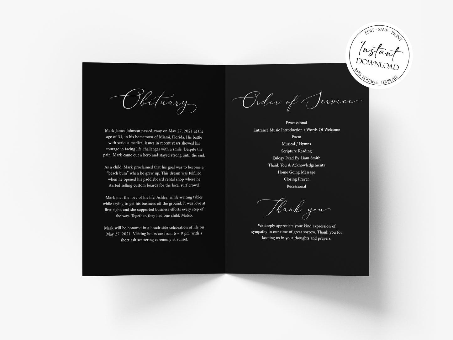 11x17 Celebration of Life Minimalist Elegant Black Funeral Program Template B