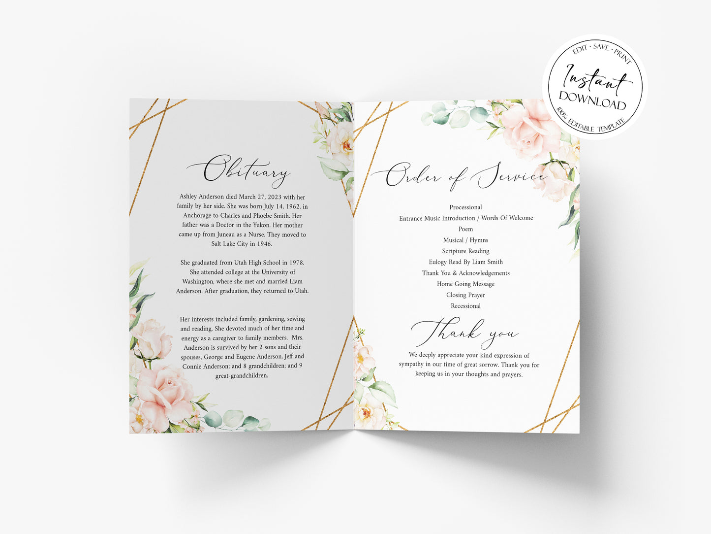 11x17 Celebration of life Funeral Program, Blush Pink Roses Funeral Program Template, Memorial Program, Obituary Program, Funeral Mass Program P4