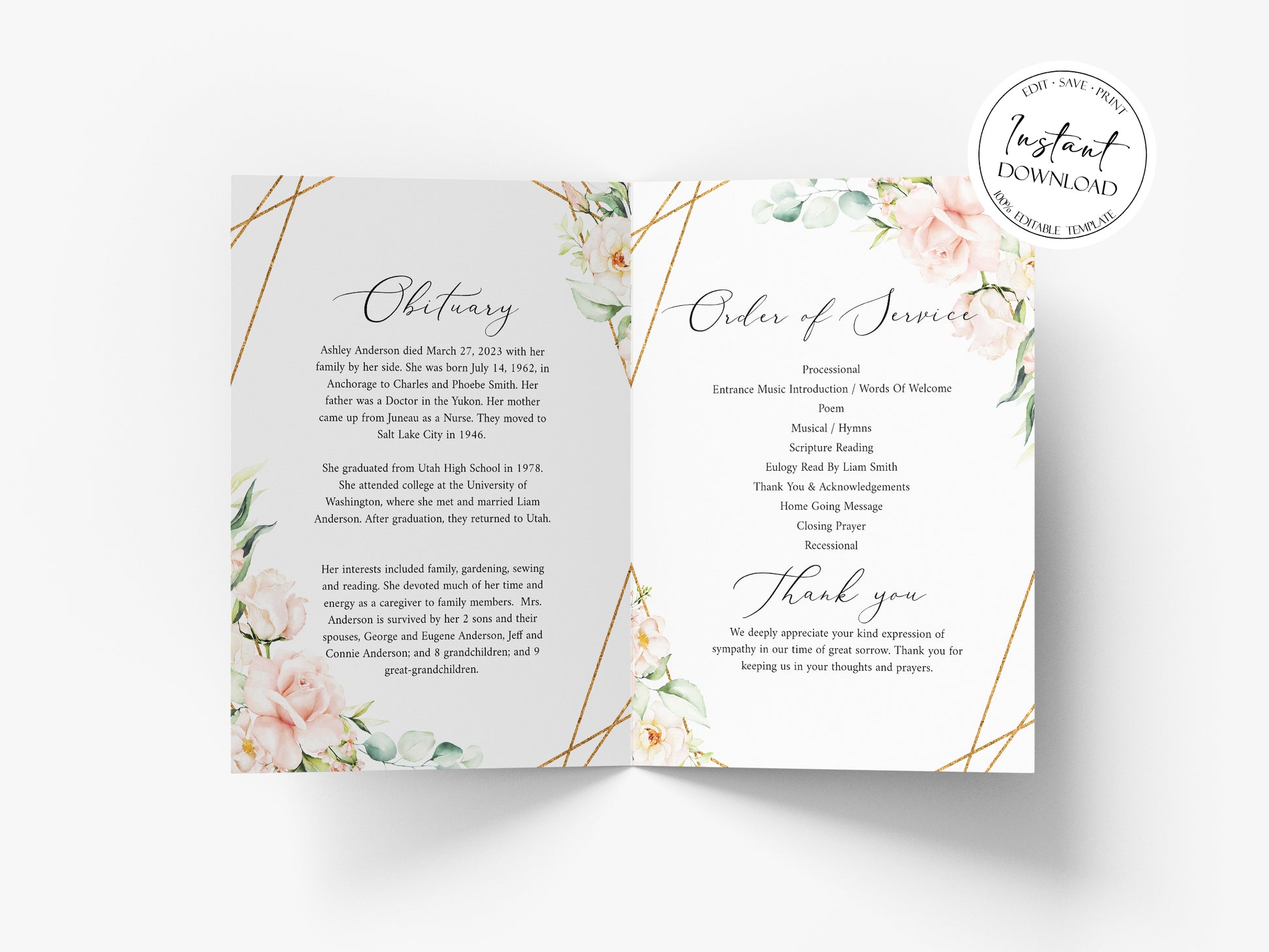 11x17 Celebration of life Funeral Program, Blush Pink Roses Funeral Program Template, Memorial Program, Obituary Program, Funeral Mass Program P4