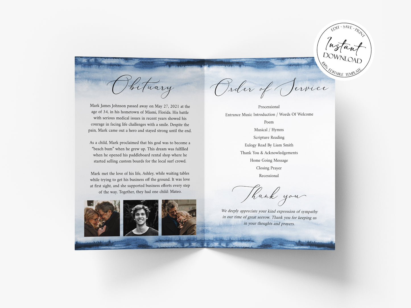 11x17 Celebration of Life Funeral Program Template, Blue Watercolor Funeral Brochure, Blue Memorial Program, Obituary Program for men B4