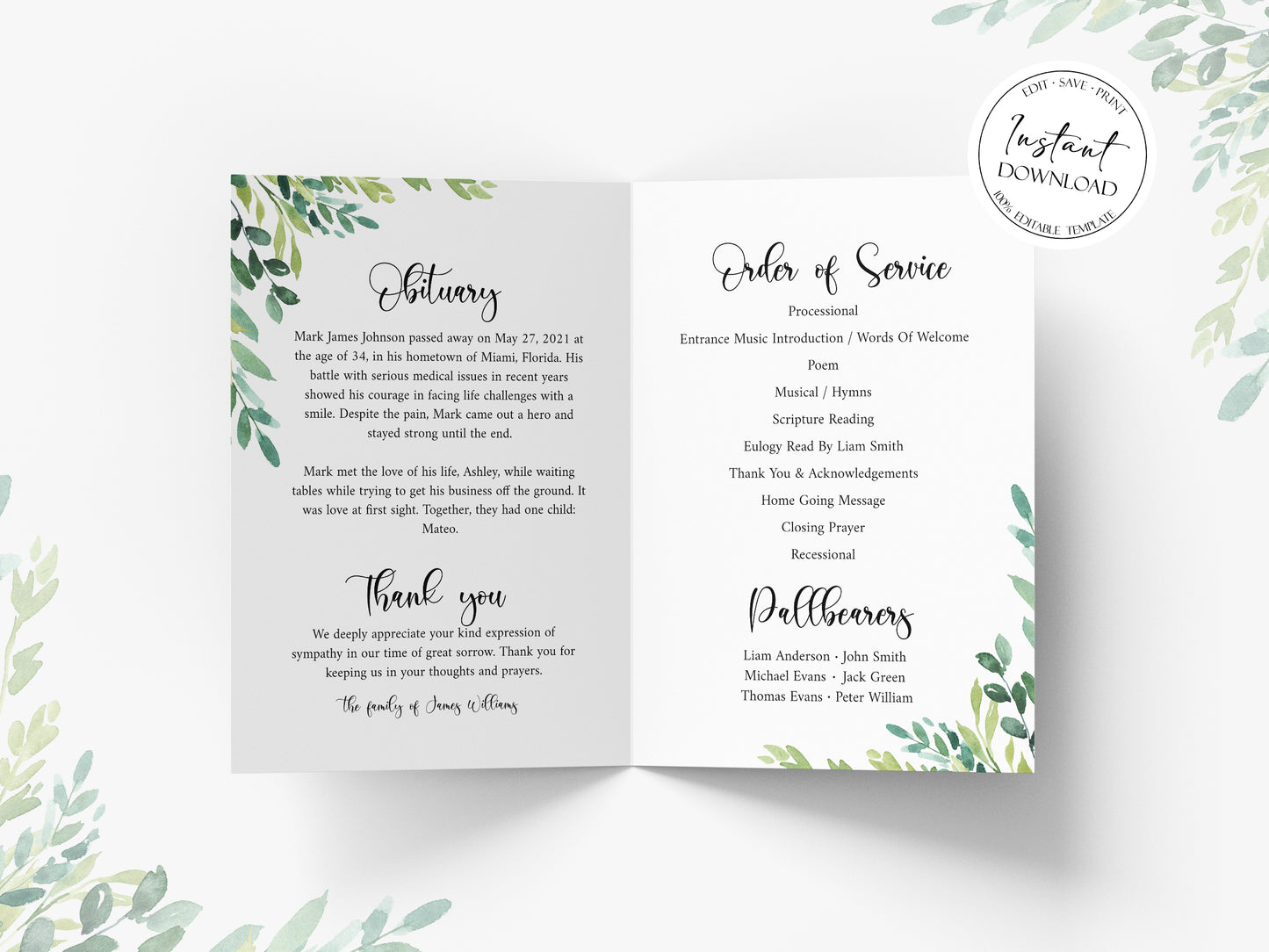 11x17 Celebration of life Watercolor Greenery Funeral Program Template G2, Template Memorial Program, Funeral Brochure, Obituary Program, Editable Funeral Program Template