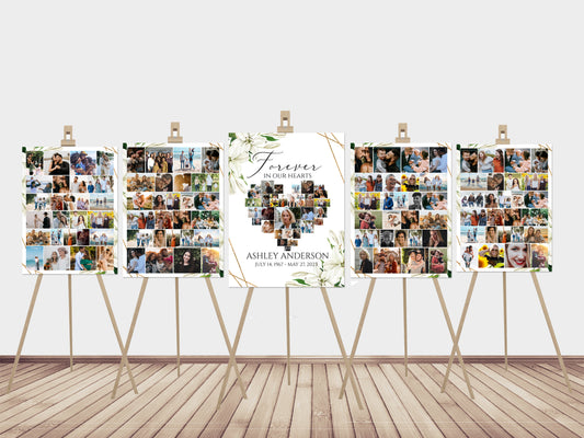 Forever in our Hearts White Lilies Greenery Gold Heart Photo Collage Funeral Welcome Sign Templates, White Lilies Heart Collage Funeral Sign, Memorial Photo Display Set