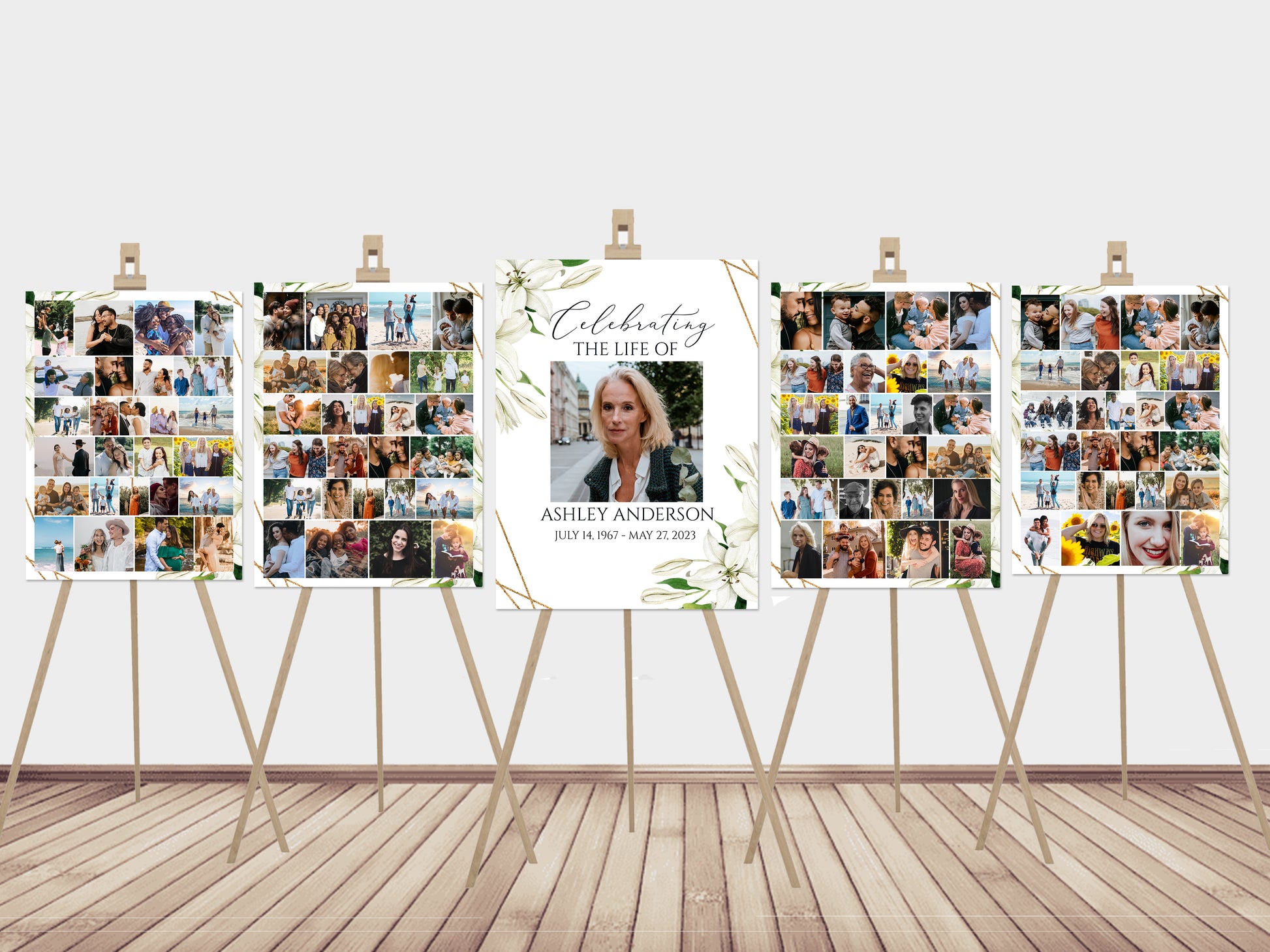 Celebration Of Life White Lilies Greenery Gold 5 Photo Collage Funeral Welcome Sign Set Templates, White Lilies Photo Memorial Sign, White Lilies Funeral Photo Display Set