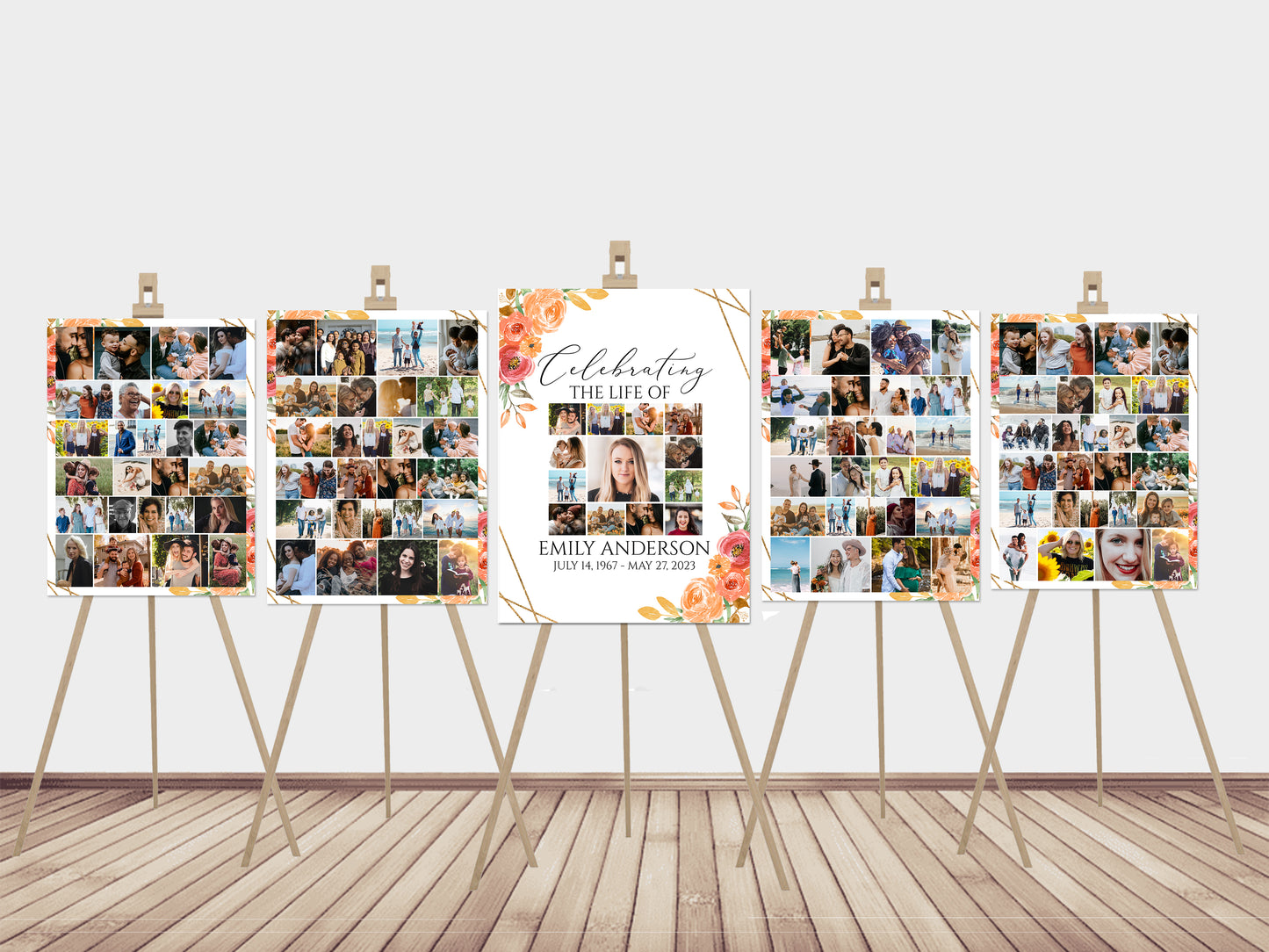 Celebration Of Life Fall Orange Floral Gold Autumn Photo Collage Funeral Welcome Sign Template, Fall Photo Collage Funeral Sign, Autumn Memorial Sign