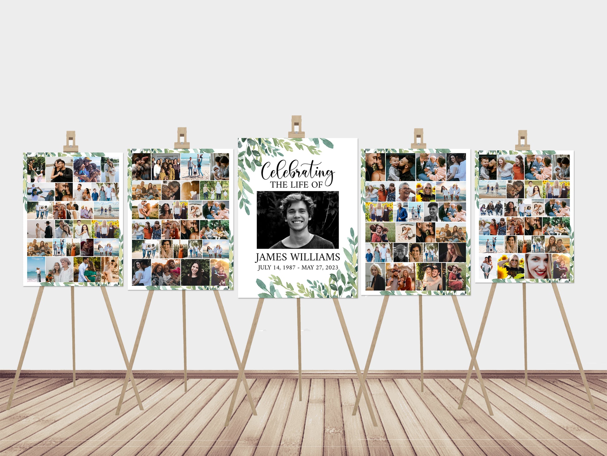 Celebration Of Life Watercolor Greenery Funeral Poster, Editable 5 Photo Collage Funeral Welcome Signs, Greenery Memorial Sign Funeral Poster Photo Display Set of 5 