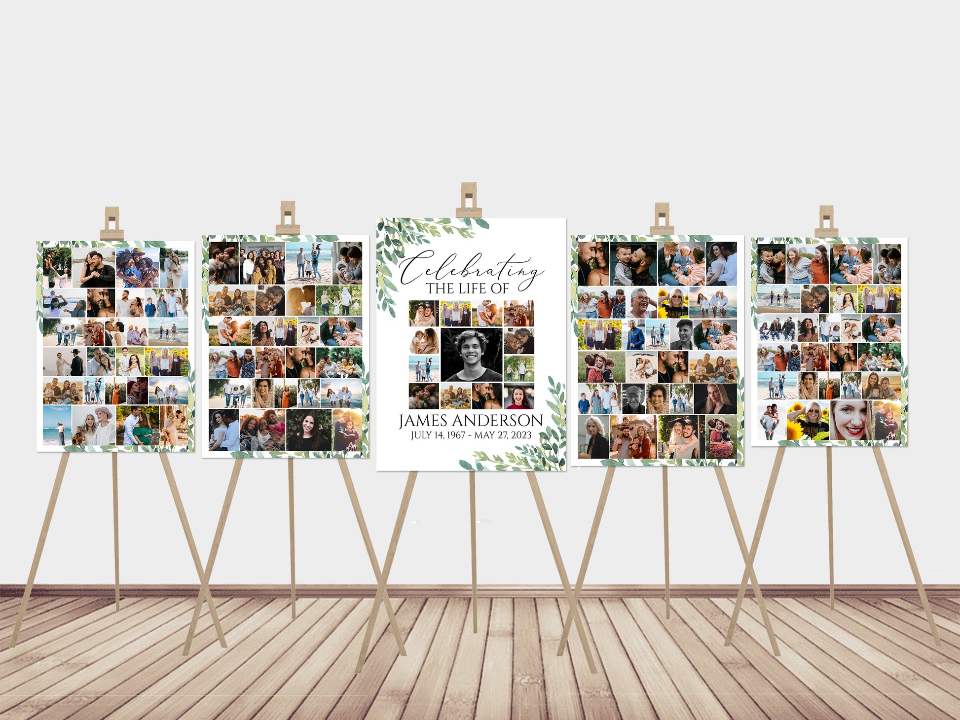 Celebration Of Life Watercolor Greenery 5 Photo Collage Funeral Welcome Sign Set Template, Greenery Watercolor Memorial Sign Funeral Poster Photo Display Set of 5 