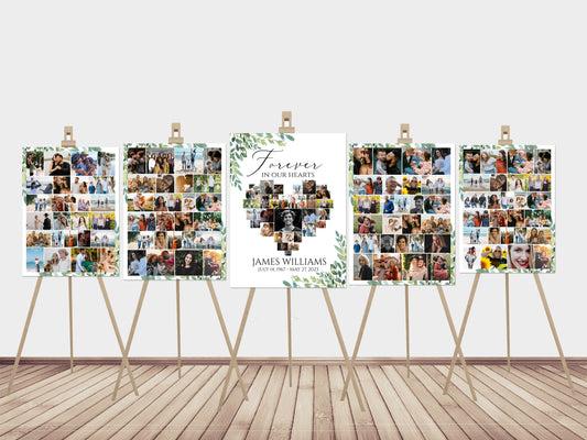 Forever in our Hearts Watercolor Greenery  Heart Photo Collage 5 Funeral Welcome Sign Templates, Greenery Heart Photo Collage 5 Funeral Welcome Sign Templates Forever in our Hearts G2