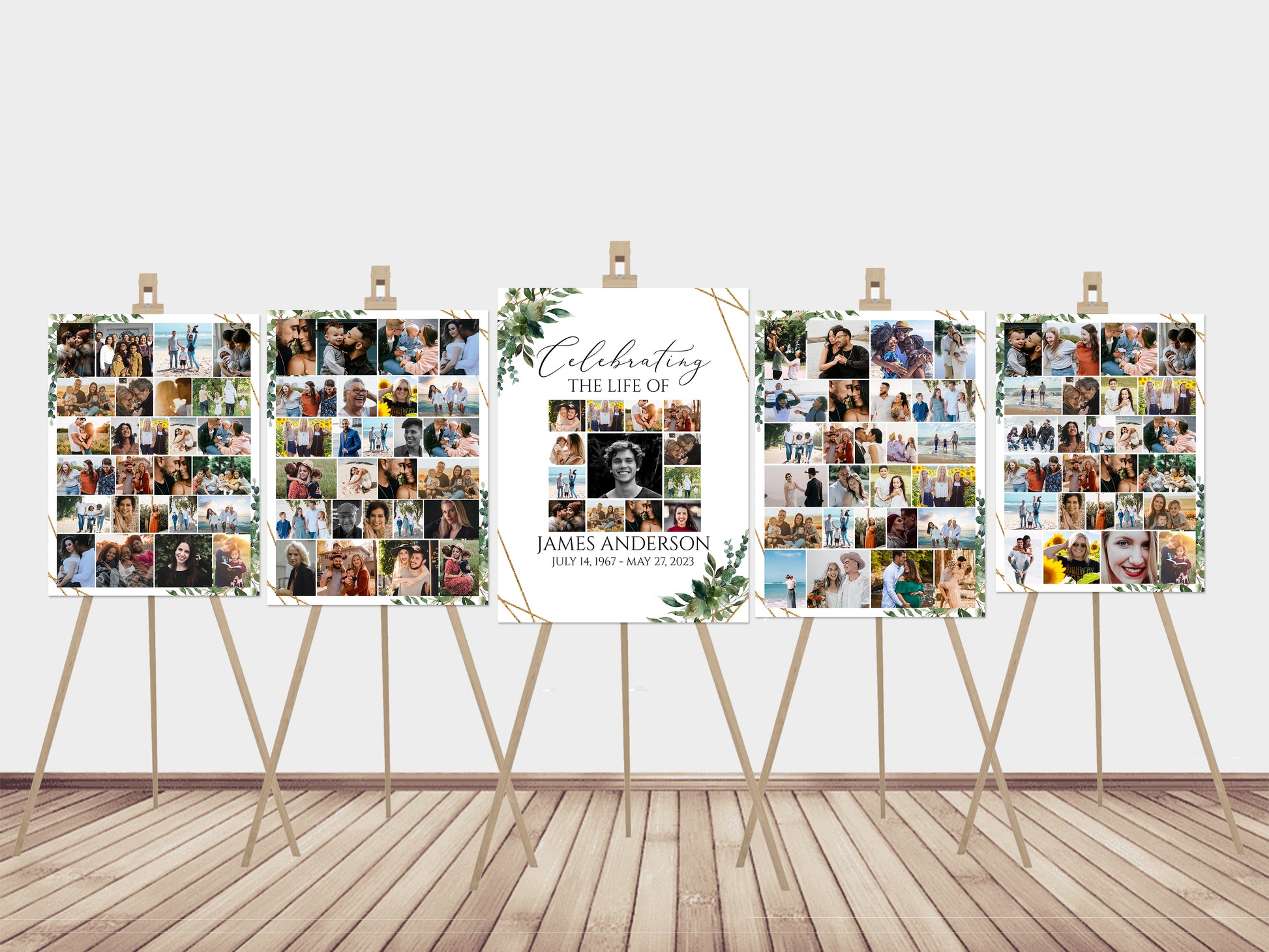 Celebration Of Life Watercolor Greenery Gold 5 Photo Collage Funeral Welcome Sign Set Template, Editable 5 Photo Collage Funeral Welcome Signs, Funeral Poster Photo Display Set of 5 Q1