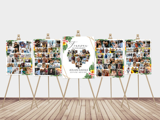 Forever in our Hearts Tropical Hawaiian Plumeria Heart Photo Collage 5 Funeral Welcome Sign Templates, Hawaiian Memorial Sign Funeral Poster Photo Display Set of 5 