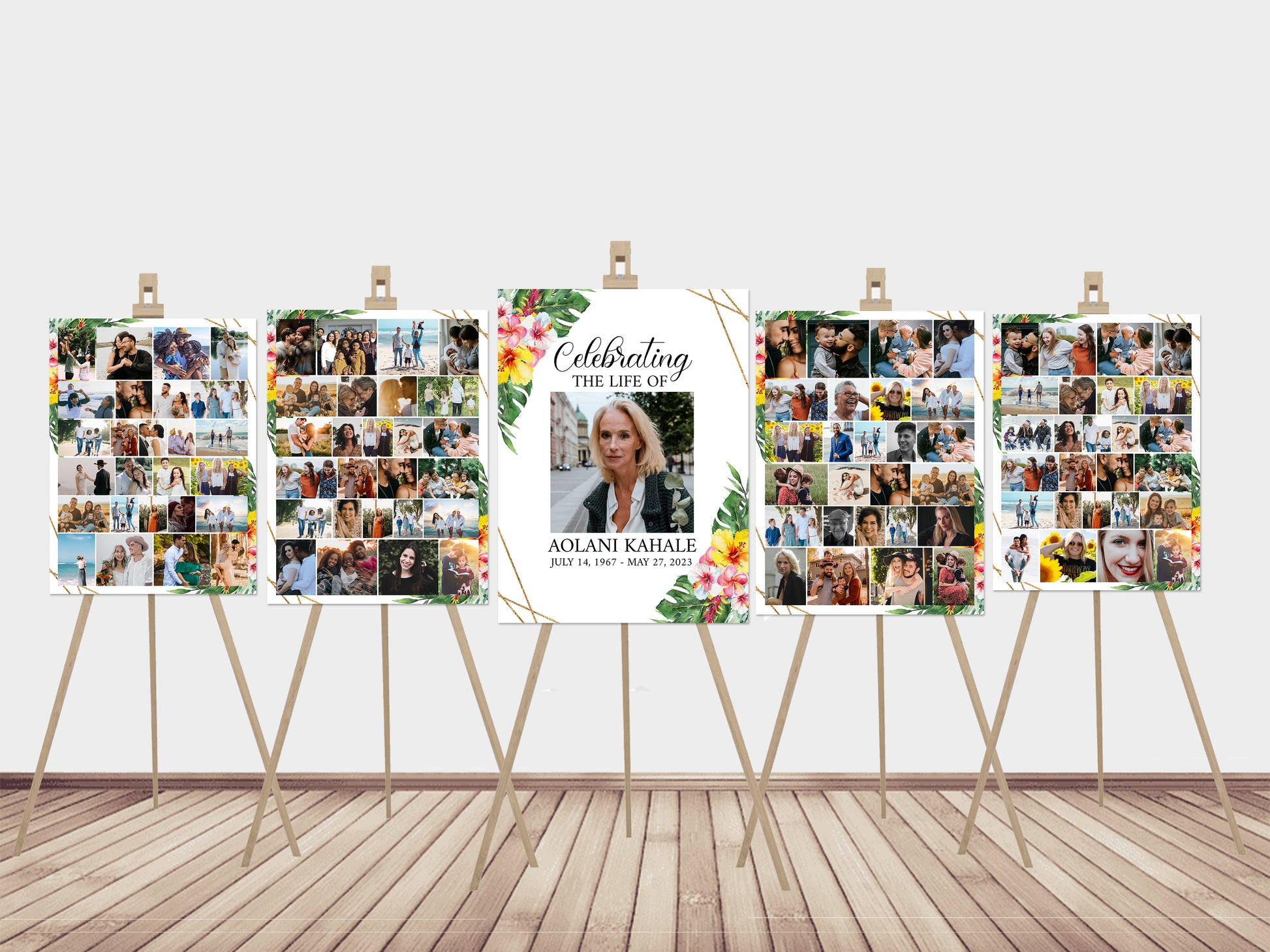 Celebration Of Life Tropical Hawaiian Plumeria 5 Photo Collage Funeral Welcome Sign Set Template, Hawaiian Memorial Sign Funeral Poster Photo Display Set of 5 