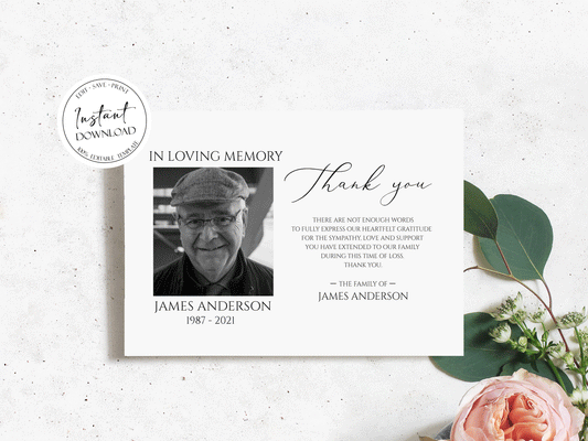 Funeral thank you, Celebration of life, Funeral Thank You Photo, Memorial Card, Printable Thank You Card Template, Editable Sympathy Card S1