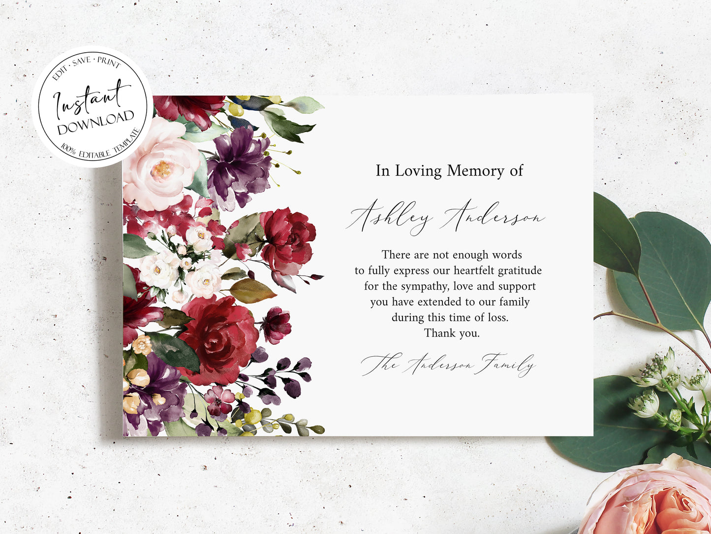 In Loving Memory Red Roses Funeral Thank You Card Template R1