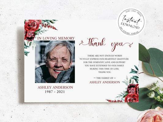 Burgundy Funeral Photo Thank You Cards, Memorial Card, Celebration of life, Printable Red Roses Funeral Photo Thank You Card, Red Sympathy Card P2