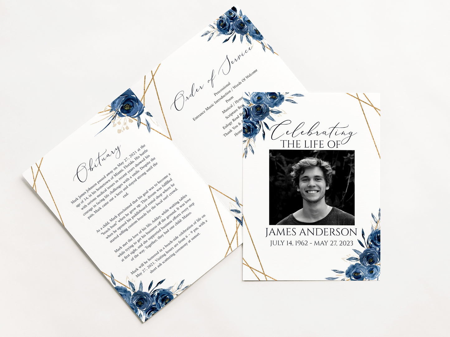 Celebration Of Life Royal Blue Flowers Gold Funeral Program Template, Blue Funeral Brochure, Blue Memorial Program, Obituary Program, Funeral program template for man B2