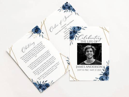 11x17 Celebration Of Life Royal Blue Flowers Gold Funeral Program Template, Blue Funeral Brochure, Blue Memorial Program, Obituary Program, Funeral program template for man B2 