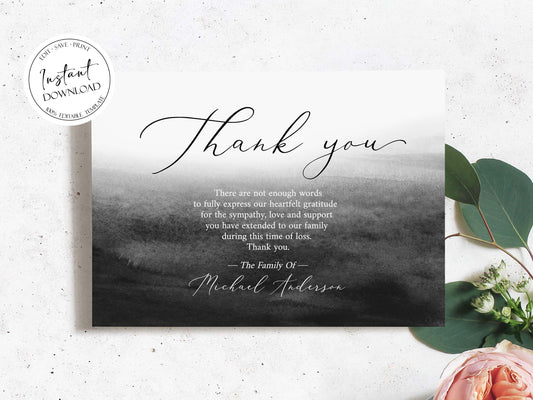 Celebration of life Black Watercolor Funeral Thank You Card Template, Black Memorial Card, Printable Black Funeral Thank You Card Template, Black Sympathy Card