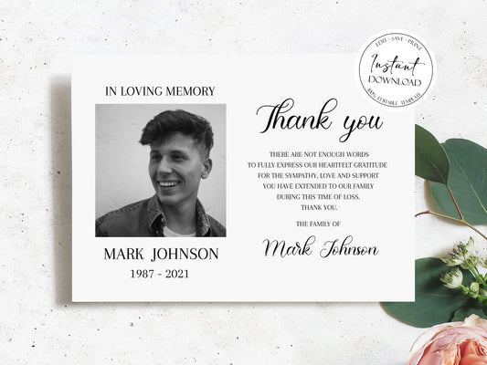 Celebration of life Simple Elegant Photo Funeral Thank you Card Template S3