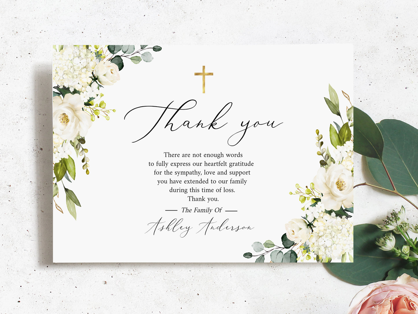 Celebration of life White Greenery Floral Gold Cross Photo Funeral Thank you Card Template, Printable Memorial Thank You Cards Sympathy Thank you Cards