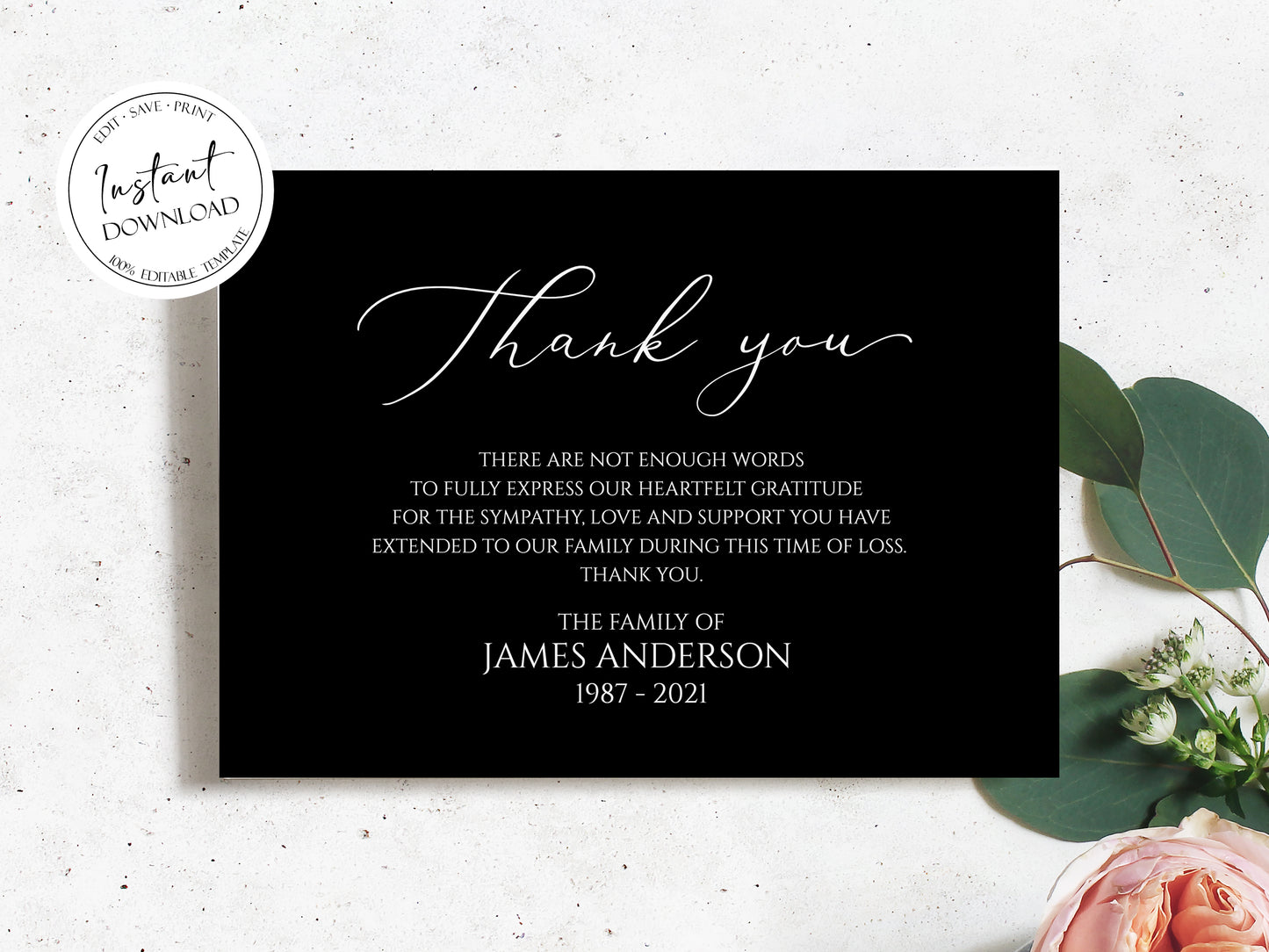 Celebration of life Minimalist Elegant Black Funeral Thank you Card Template B7