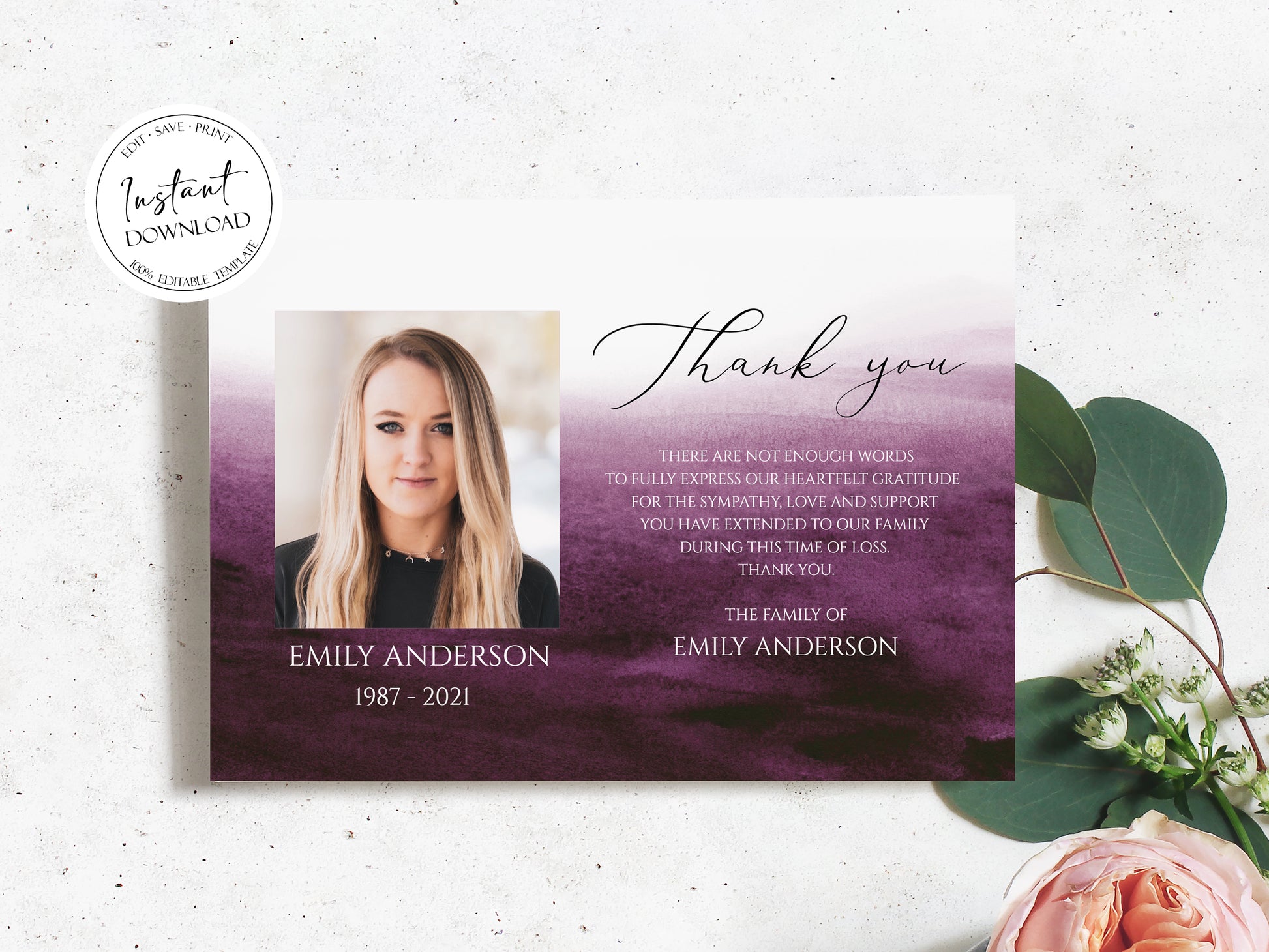 Celebration of life Pink Fuchsia Watercolor Funeral Photo Thank You Card Template,  Purple Watercolor Memorial Thank You Card Template, Pink Sympathy Card