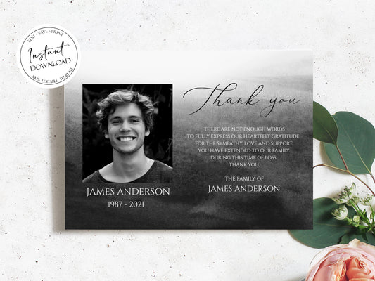 Celebration of life Black Watercolor Funeral Photo Thank You Card Template, Memorial Card, Printable Black Funeral Thank You Card Template Black  Sympathy Card