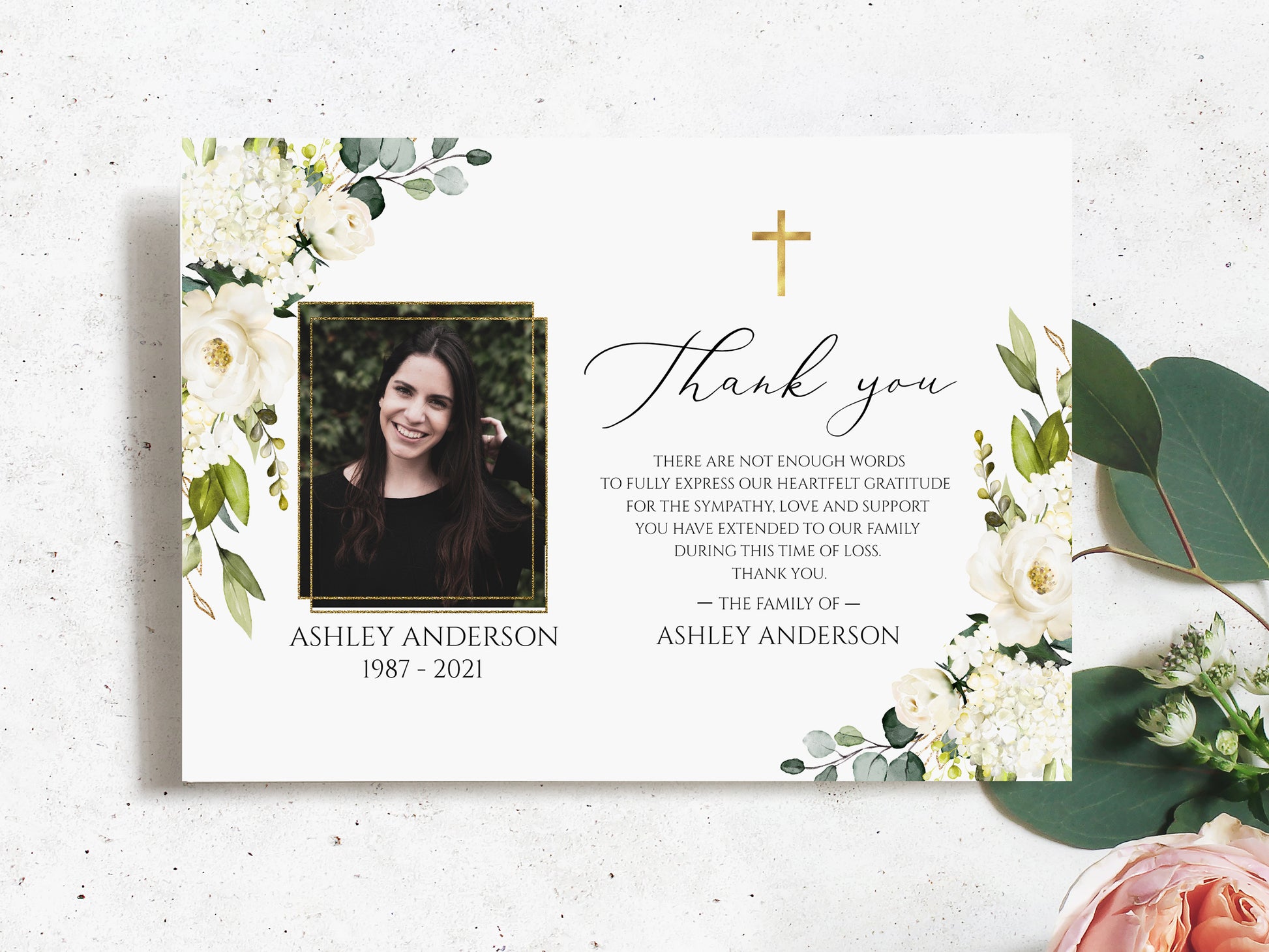 Celebration of life White Greenery Floral Gold Cross Photo Funeral Thank you Card Template, Printable Memorial Thank You Cards Sympathy Thank you Cards