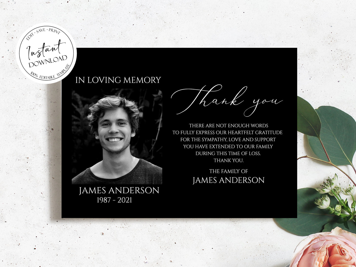 Celebration of life Minimalist Elegant Black Photo Funeral Thank you Card Template, Printable Black Memorial Card Template, Editable Sympathy Card B7