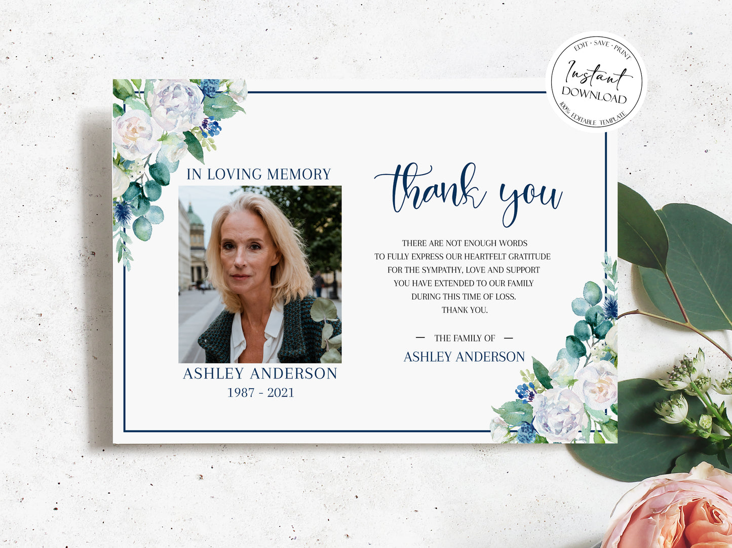 Celebration of life Blue White Floral Funeral Photo Thank You Card Template, Blue White Floral Funeral Thank You, Printable Memorial Thank You Cards, Sympathy Cards B1