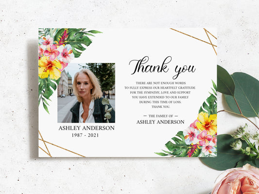 Celebration of life Tropical Hawaiian Plumeria Funeral Photo Thank You Card Template Celebration of life Funeral Photo Thank You, Printable Memorial Thank You Card, Sympathy Card H1