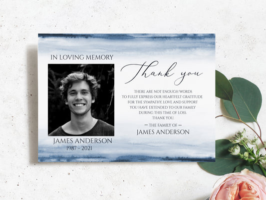 Celebration of life Blue Watercolor Funeral Photo Thank You Card Template B4