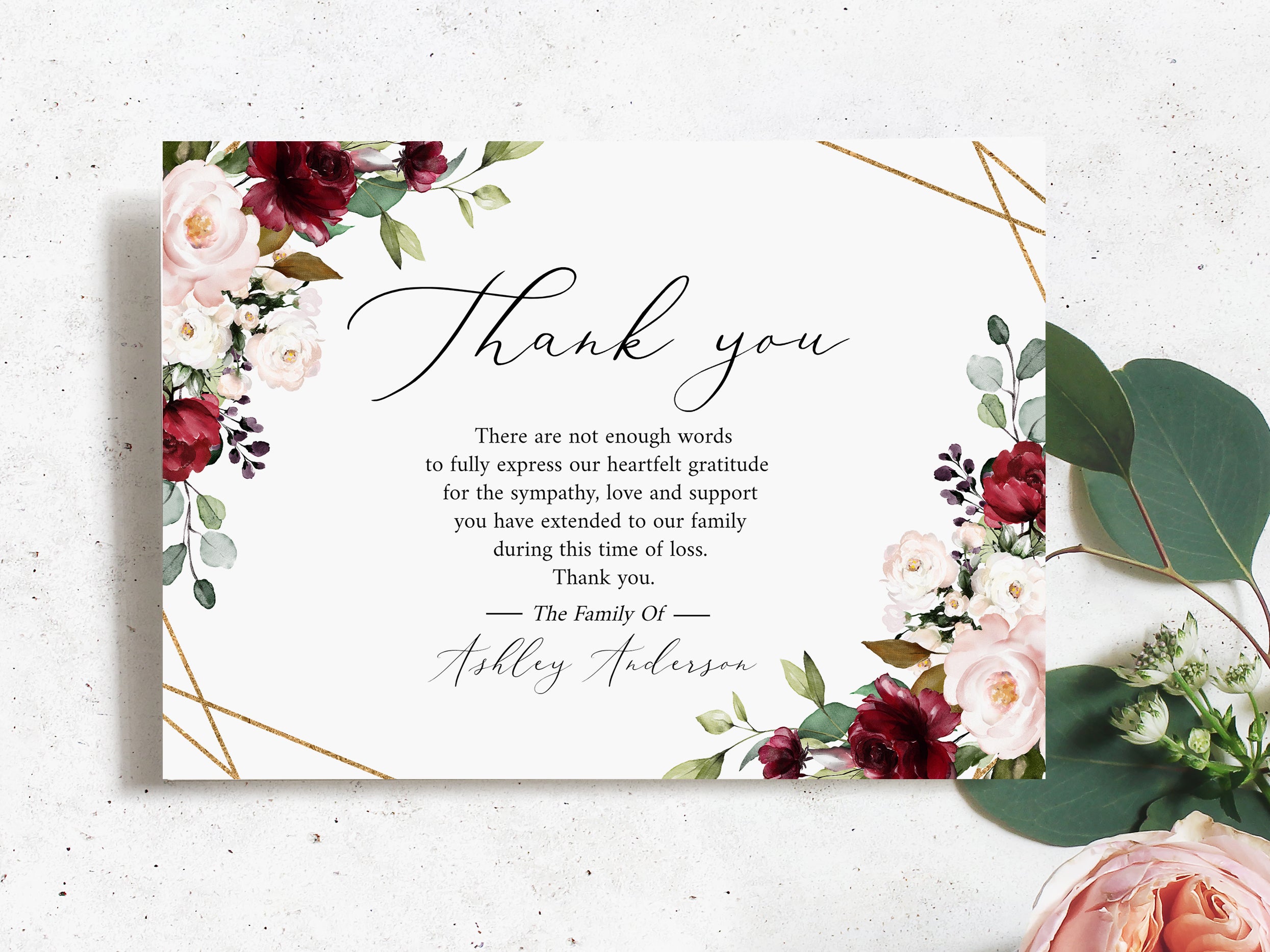 Celebration of life Red Roses Funeral Thank You Card Template R1 ...