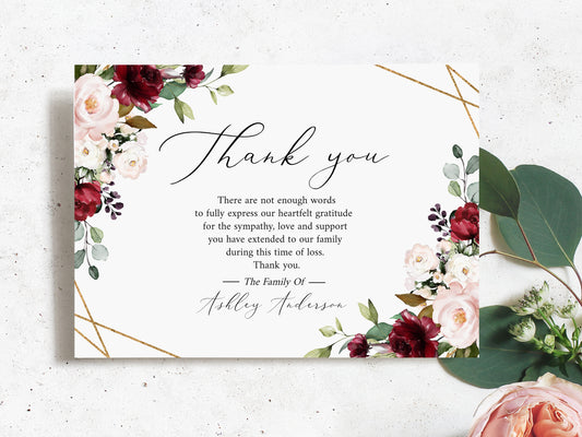 Celebration of life Red Roses Funeral Thank You Card Template R1