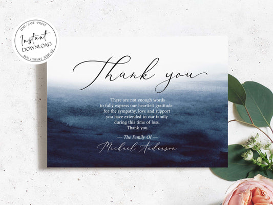 Celebration of life Blue Watercolor Ocean Funeral Thank You Card Template B5